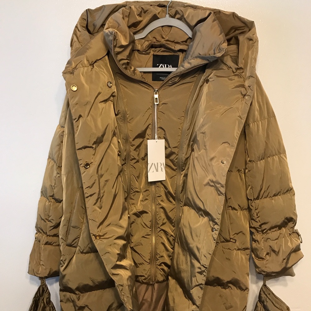 Zara Down Puffer Coat w/Mittens NWT Gold Size XS